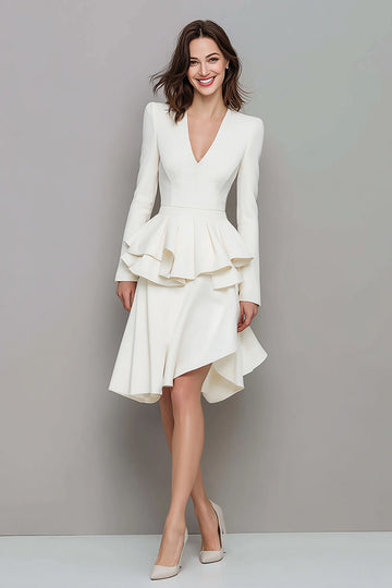 Ivory V Neck Ruffled A Line Midi Work Dress